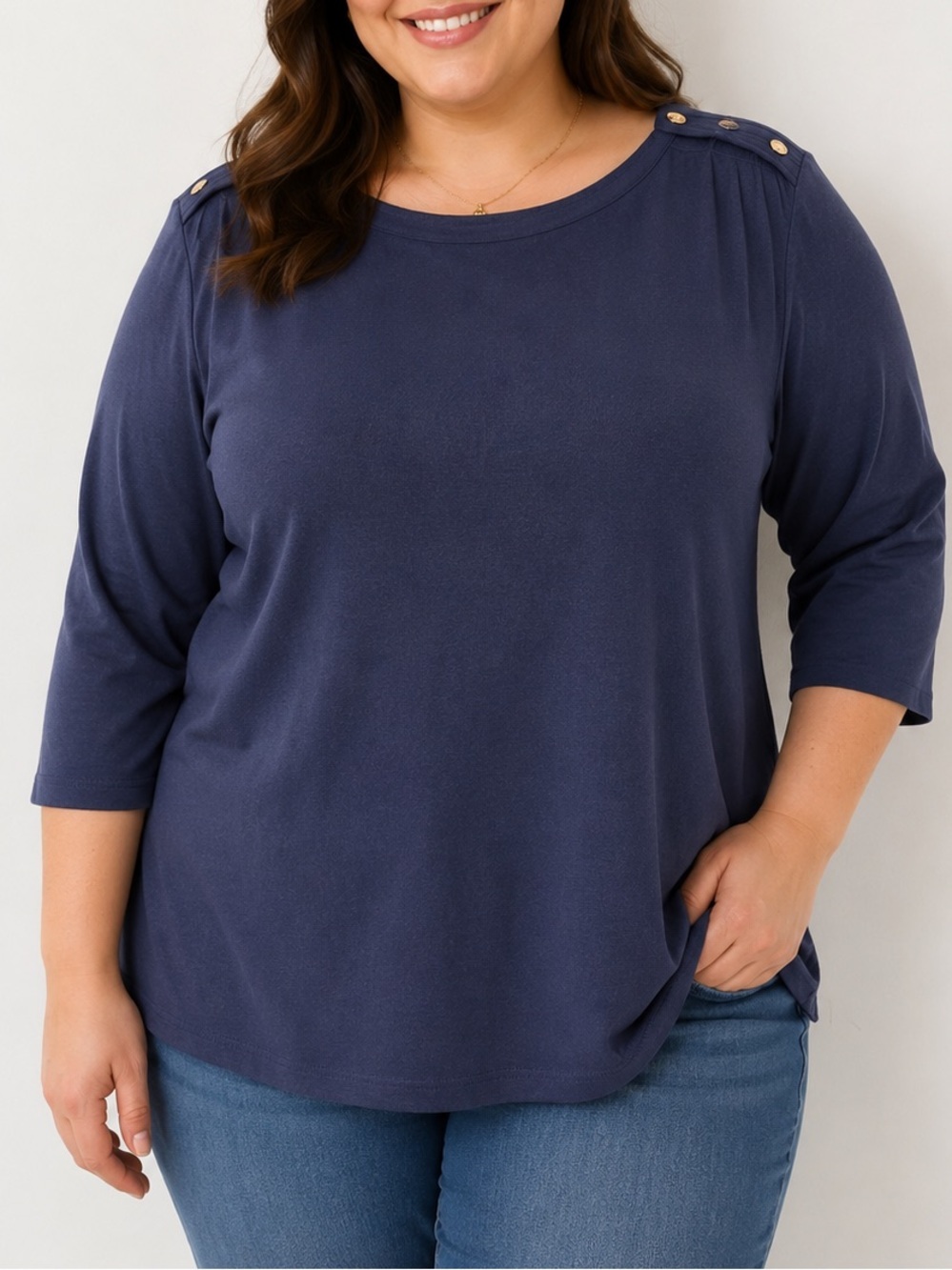 313. Ralph Lauren Navy Long-Sleeve Boatneck Top with Shoulder Buttons